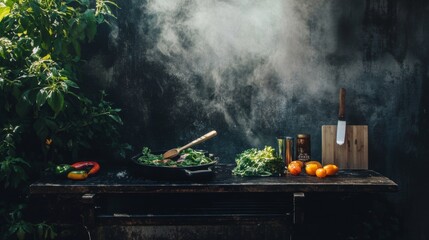 Rustic outdoor kitchen with smoke and fresh vegetables