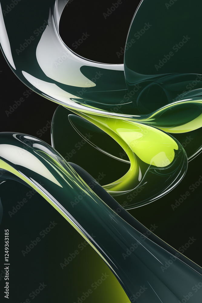 Poster abstract design with smooth flowing green and yellow curves against a dark background, symbolizing e