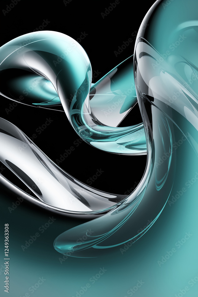 Poster Abstract design featuring flowing transparent curves in shades of teal and clear glass, symbolizing smooth motion and modern fluidity. Digital 3D fluid shape