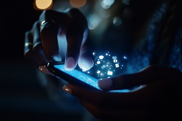 Close-up of a woman's hands using a mobile phone with social media icons floating above it, blurry background