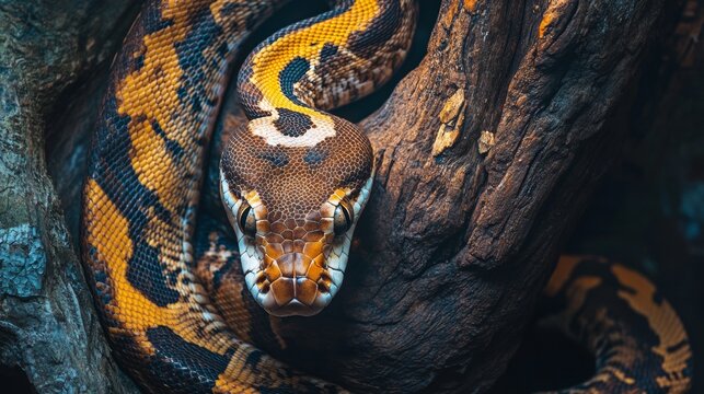 Python coiled around a tree branch in dramatic lighting