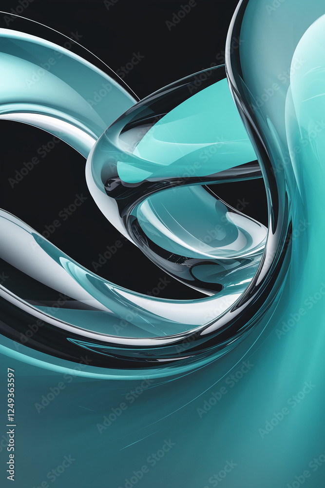 Aufkleber Abstract design featuring flowing transparent curves in teal and glass, creating a sense of dynamic motion and fluidity. Digital 3D fluid shape