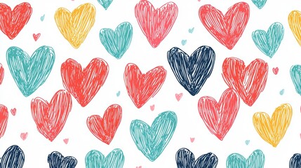Fototapeta premium Playful doodle-style hearts with imperfect, artistic strokes, arranged in a visually appealing, colorful grid on a clean background