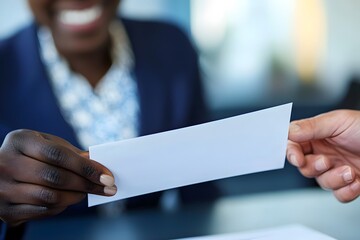Handing Over Envelope: Close-up shot of a person receiving a long white envelope from another person, symbolizing a transaction, a contract, or important document exchange.