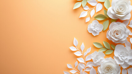 Naklejka premium Elegant white paper flowers and leaves on soft orange background