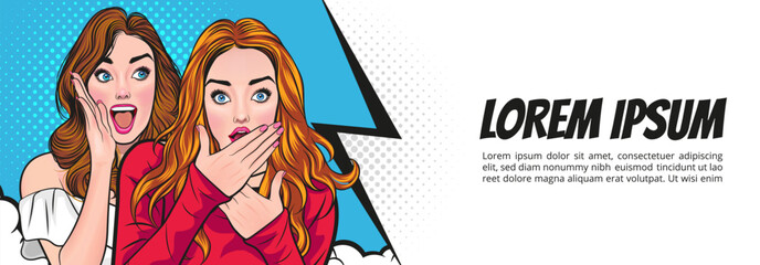 Woman whispering gossip secret to her friend surprise In Retro Vintage Pop Art Comic Style