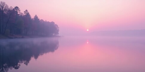 Delicate pink mist disperses slowly in still lake water with reflection, peaceful, ink