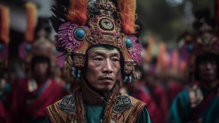 Cap Go Meh Festival (Tatung Parade) in Singkawang, Indonesia on February 12, 2025, colorful Tatung performers adorned with elaborate traditional costumes and intricate face paint