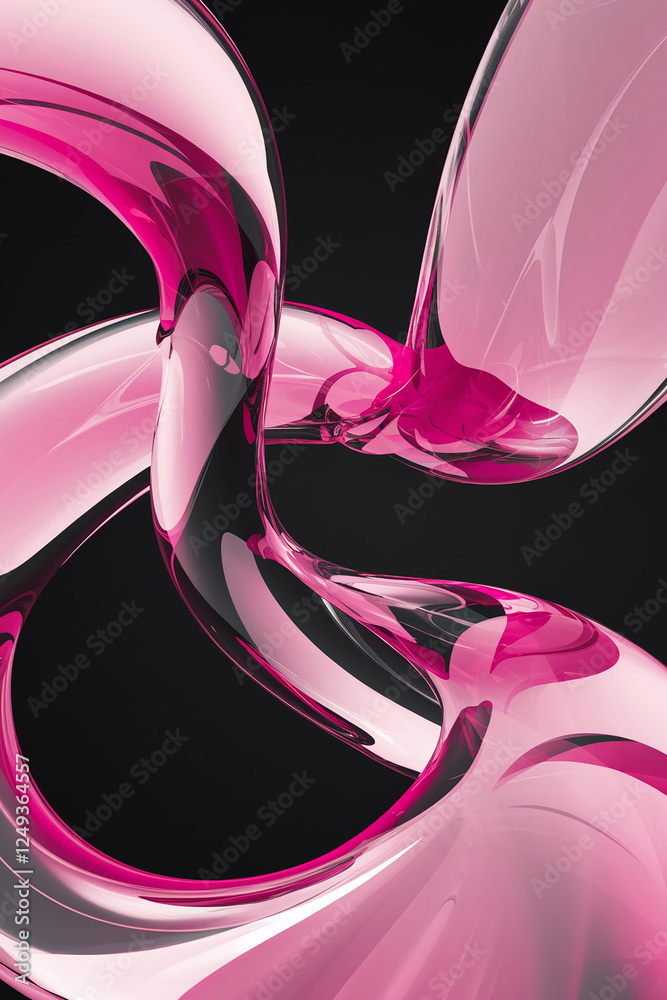Poster abstract design featuring flowing transparent curves in pink and clear glass, symbolizing fluid moti