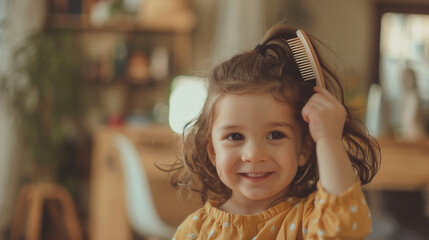 A little girl brushing her hair