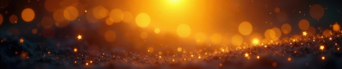 Glittering gold starry atmosphere with fireflies and twinkling lights, glittering, sunset, gold