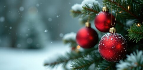 Glittering red Christmas ornaments hung on a fir tree against a backdrop of snow, red ornaments, fir tree branches, holly leaves