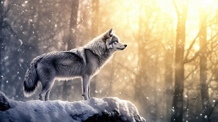 Naklejka premium A wolf is standing on a snowy rock in a forest