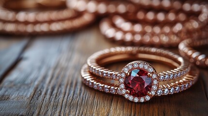 Elegant ruby ring with diamond accents on wooden surface showcasing fine jewelry craftsmanship