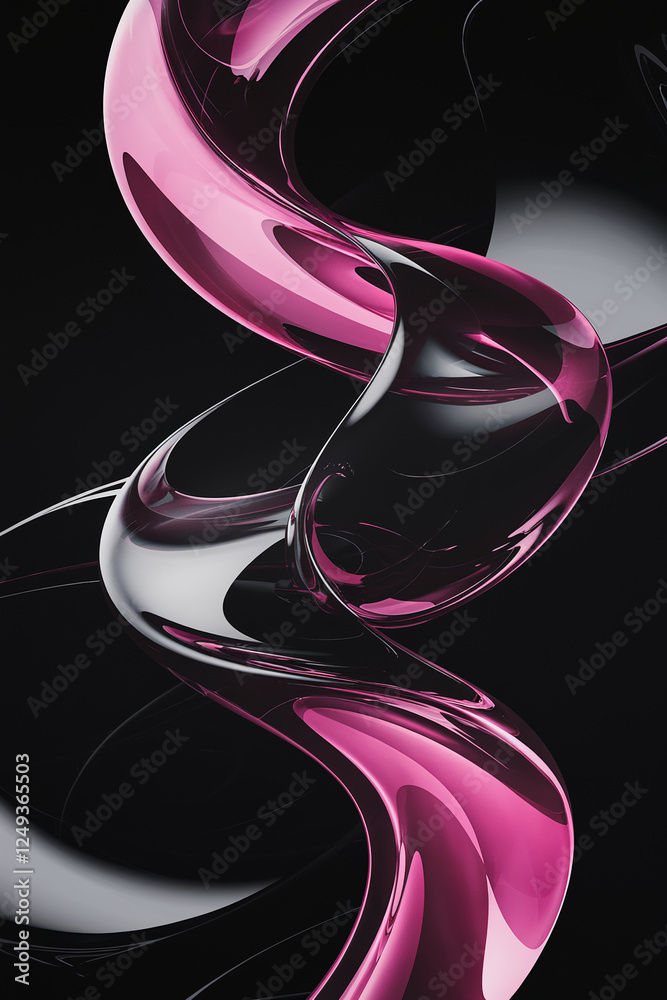 Poster abstract design with flowing transparent pink and black glass curves, symbolizing fluid motion and m