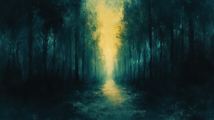 Obraz premium Mystical forest path, sunlight filtering, trees, moody atmosphere, nature background, fantasy illustration