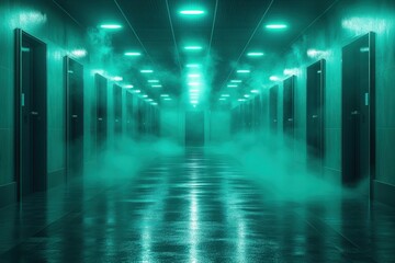 A mysterious hallway with glowing lights and fog creating an eerie atmosphere.