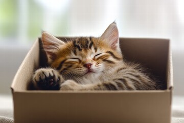 Cute kitten sleeping soundly in a cozy box during a sunny afternoon
