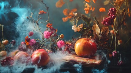 Still life with autumn fruits and flowers