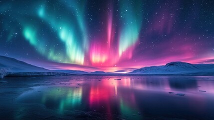 Fototapeta premium Majestic northern lights over an Arctic landscape, colorful lights in the night sky, reflection in icy waters, winter scenery, natural phenomenon, starry sky, polar night.