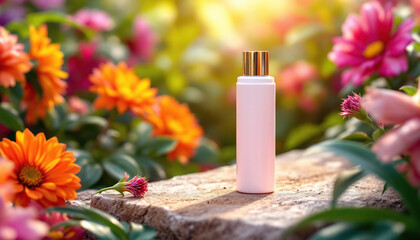 Pink Perfume Bottle in Blooming Flower Garden