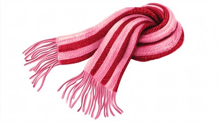 A knitted pink wool scarf with red stripes and fringe at the ends.