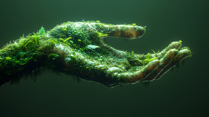 Fototapeta premium Moss-covered hand emerging from darkness symbolizes nature's resilience and beauty in a tranquil environment