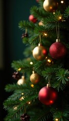 Fototapeta premium Ornamented evergreen tree with golden ornaments and warm lights, lights, holiday, glow