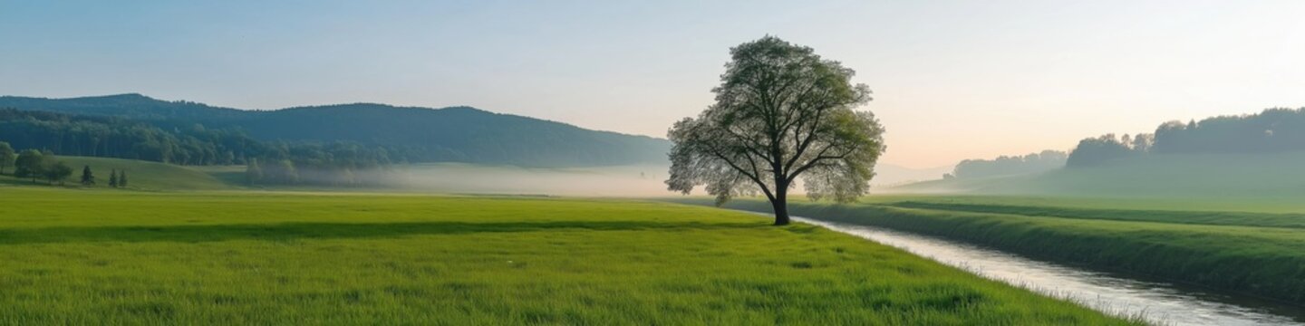 A tree stands in a field of grass with a river running through it. The scene is peaceful and serene, with the tree providing a sense of calm and tranquility. The grass and river create a beautiful