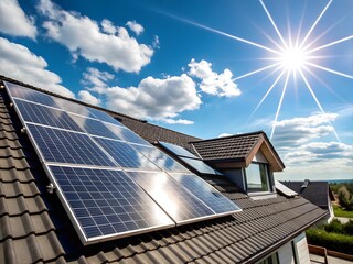Fototapeta premium Residential Solar Panels on Rooftop under Bright Sun and Blue Sky