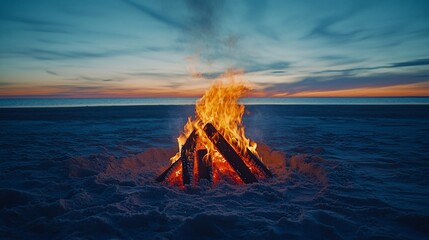 Fototapeta premium Beach Bonfire at Dusk Relaxation, warmth, and peaceful atmosphere at seaside campfire