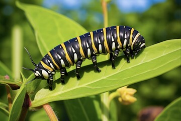 Naklejka premium Munching Monarch Caterpillar Crawling on Milkweed Leaf - Freedom of Invertebrate Lepidoptera Bug Arthropod Insect Habitat