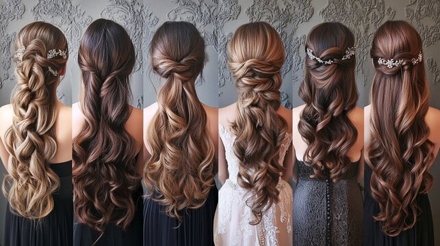 Elegant bridal party hairstyles showcase six different long, curled and braided designs with delicate floral accessories, perfect inspiration for wedding hair and special occasions.