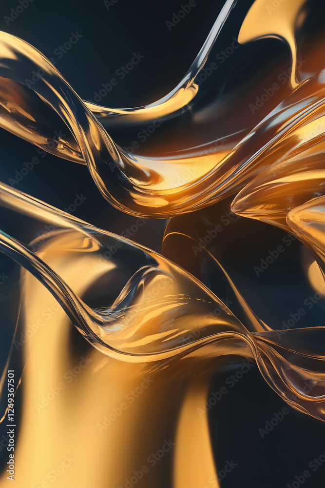 Poster mesmerizing abstract design featuring flowing golden and transparent fluid shapes, symbolizing elega