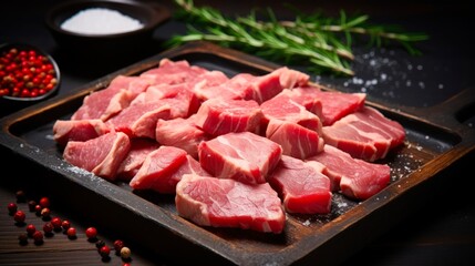 Fototapeta premium Savory Diced Pork. Delicious Cut Meat with Spices in Rustic Tray on Black Wooden Background. Top View of Pork Meat including Shoulder, Butcher and Sirloin Cuts
