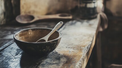 Rustic wooden bowl with grains in soft light