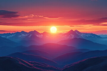 Fototapeta premium Warm sunset gradient paints the sky over majestic mountain ranges