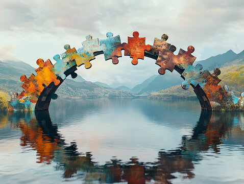 The Bridge of Unity: A vibrant, abstract jigsaw puzzle bridge arcs over a serene lake in a breathtaking landscape setting. The vibrant colors of the puzzle pieces form a symbolic arch.