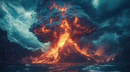 Massive volcanic eruption with lava flows, thick smoke clouds, and lightning strikes, natural disaster, extreme force of nature, volcanic activity, molten magma, fiery element.