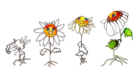 Funny, happy, surprised sunflower in different poses. Hand drawn illustration.