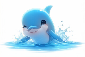 Cute blue winking dolphin in water on white background, Image dor kids