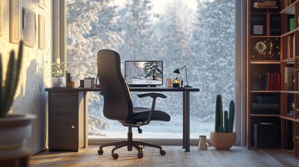 Fototapeta premium Home office view of snowy forest, working environment, productivity, digital workspace