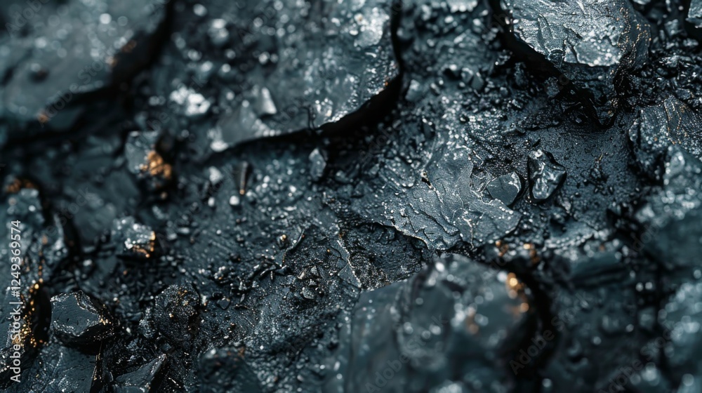 Poster close up view of a rugged surface covered in dark coal fragments, showcasing intricate textures and 