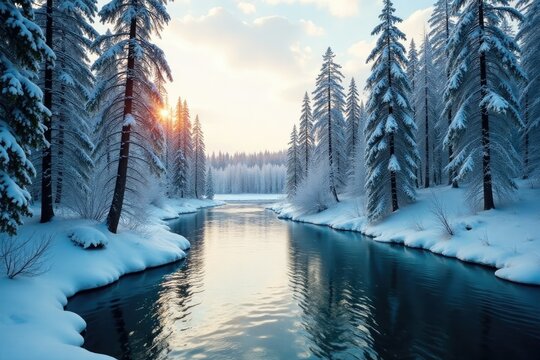 Towering trees surround frozen river confluence, tree branches, kolyma highway, frozen water