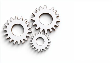 Three white gears meshing against a white background, showcasing a concept of interconnectedness and mechanical function, with a light brown detailed edge.