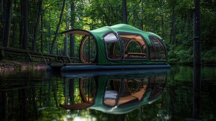 A serene floating cabin in a lush forest, reflecting on calm waters, ideal for nature retreats