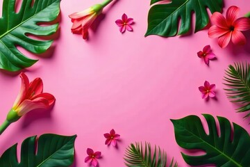 Tropical leaves and flowers scattered on a neon pink background, leaf, neon, pink
