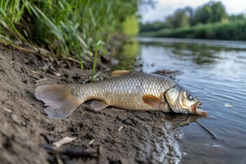 Obraz premium Dead fish on the river bank during a calm afternoon