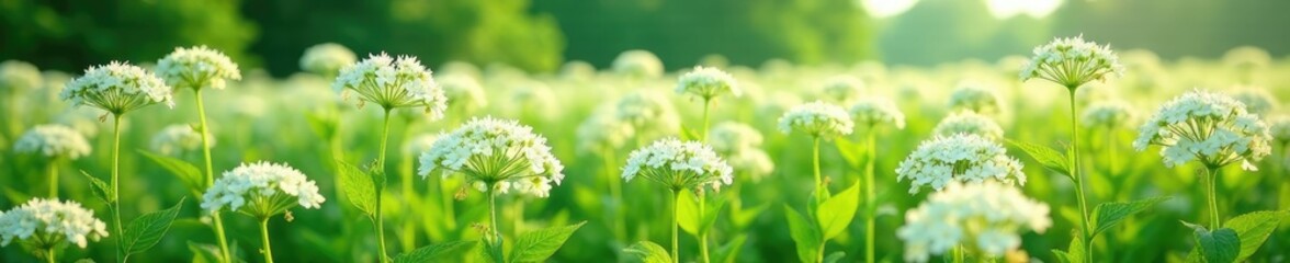 Fototapeta premium Umbrella-like white flowers of Sambucus nigra blooming in a field, nature scenery, flower types