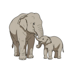 Fototapeta premium Calf Elephant Playing Near Its Mother with Gentle Lines